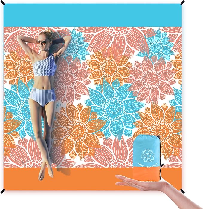WIWIGO Beach Blanket Sandproof Extra Large Beach Mat Adults Waterproof Quick Drying Sand Free Mat Made by Premium Polyester with 4 Stakes & 4 Corner Pockets for Outdoor Travel Camping Hiking by WIWIGO