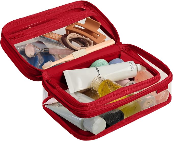 Away Clear Toiletry Bag - Water-Repellent Travel Toiletry Bag with 2 Compartments, U-Zip Opening, Interior Zip Pocket - Cherry Red - Image 5