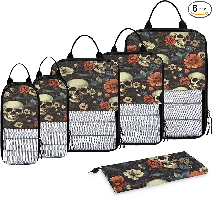 Floral Skull 6 Set Compression Packing Cubes for Travel Luggage Carry On Suitcase Compressible Expandable Packing Cubes Organizers Bag by BICUUZHI