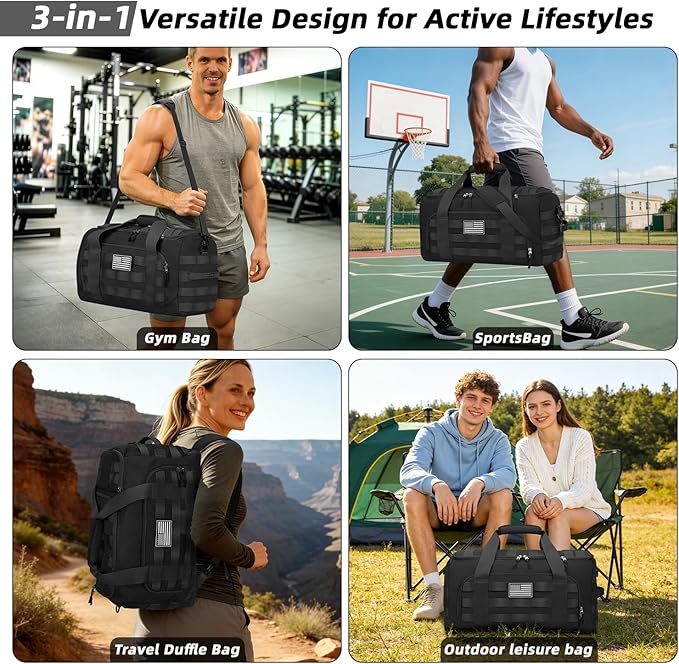ZOMFELT Tactical Gym Bags for Men, 22x14x9 Carry On Luggage Duffle Bag for Travel, 3-in-1 Sports Basketball Soccer Bag with Removable Dividers & Shoe Compartment, Weekender Overnight Travel bag, Black - Image 6
