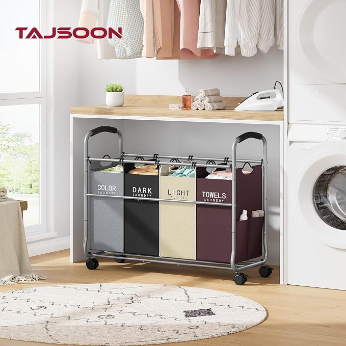 Tajsoon Laundry Sorter 4 Sections, Laundry Separator Hamper with Heavy Duty Lockable Rolling Wheels, Laundry Divider with Removable Bags for Dirty Clothes Storage, 4 Colors - Image 2