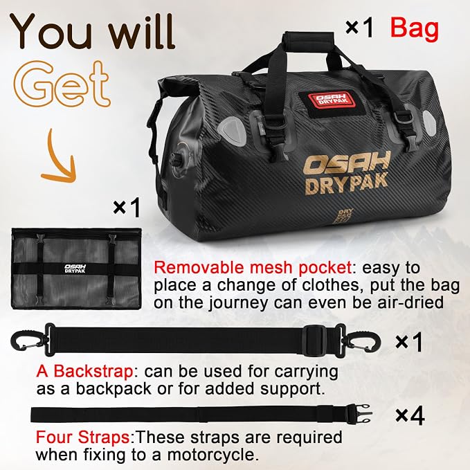 OSAH DRYPAK Waterproof Duffel Bag - Motorcycle Dry Bag Tail Bag with Large Storage Space, Waterproof Luggage Duffle Bags with Outer Mesh Zipper Pocket for Camping, Kayaking, Fishing & Traveling - Image 7