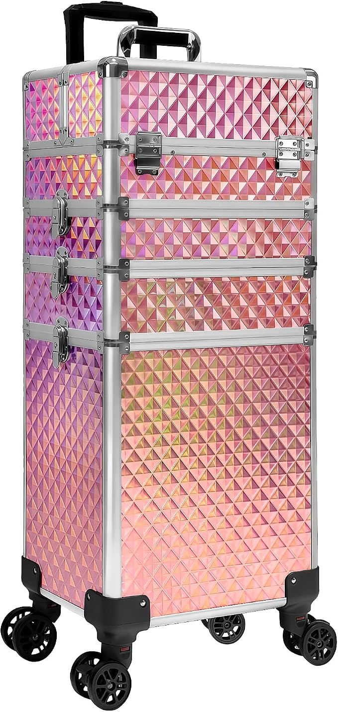 5 in 1 Rolling Makeup Train Case on Wheels Large Cosmetic Organizer Travel Cart for Women Beauty Salon Barber Hairstylist Pink - Image 8