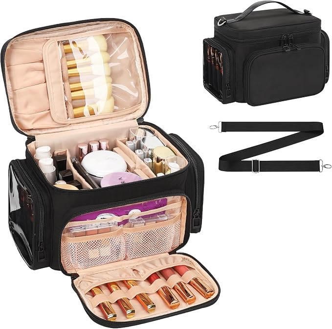 Bagmoly Makeup Bag, Portable Large Travel Makeup Bag Organizer for Women Girls with Makeup Brush Compartment, Cosmetic Travel Bag Vertical Storage Toiletry Bag - Black with Shoulder Strap by OrganizeYourMakeup