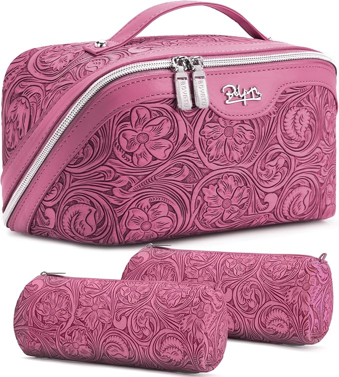 BOYATU Travel Makeup Bags Cosmetic Organizer Bag: 3 Pcs Set Large Capacity Floral Make up Bag with Compartments - Waterproof Leather Toiletry Bags with Handle for Women (20-Red) by BOYATU