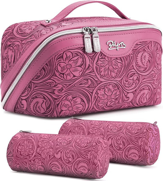 BOYATU Travel Makeup Bags Cosmetic Organizer Bag: 3 Pcs Set Large Capacity Floral Make up Bag with Compartments - Waterproof Leather Toiletry Bags with Handle for Women (20-Red) by BOYATU