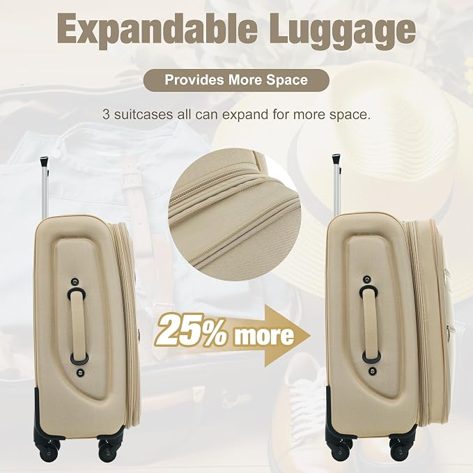 Merax Softside Luggage Set Softshell Lightweight 3 Piece Spinner Suitcase | Travel Suitase with TSA Lock Spinner Wheels Lightweight Upright Luggage,Khaki - Image 4