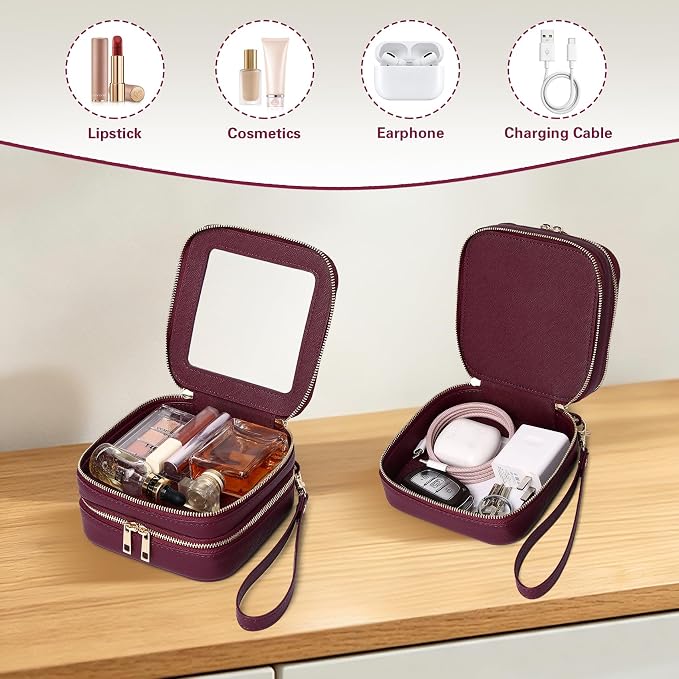 Pinkmik Double Layer Makeup Bag Small Clear Makeup Pouch Mini Travel Cosmetic & Toiletry Bag Purse Organizer and Car Essentials for Women (X/Burgundy, 2-Layer MINI) - Image 3