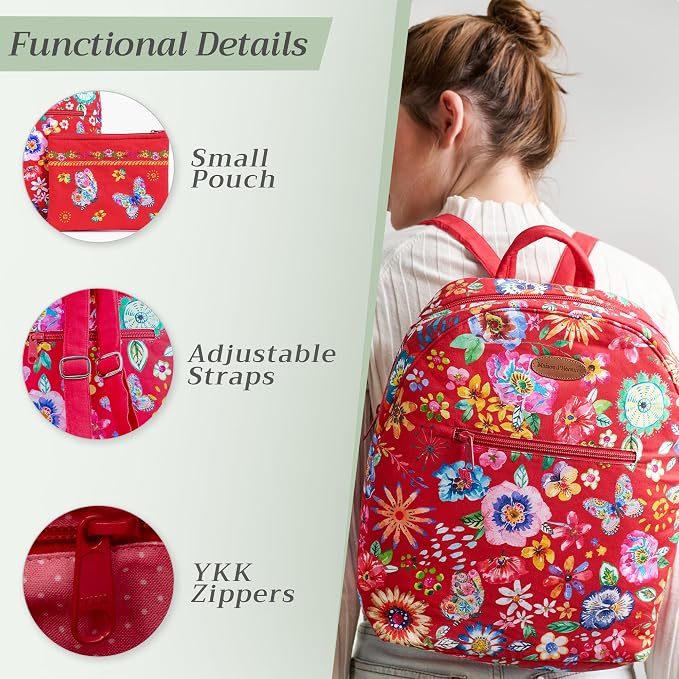 Maison d' Hermine Backpack for Women Men Cotton Shoulder Multipurpose Rucksack with Small Pouch Lightweight Multi Pocket for Travel Work Beach Perfect for Spring Summer (Happy Florals - Red) - Image 4