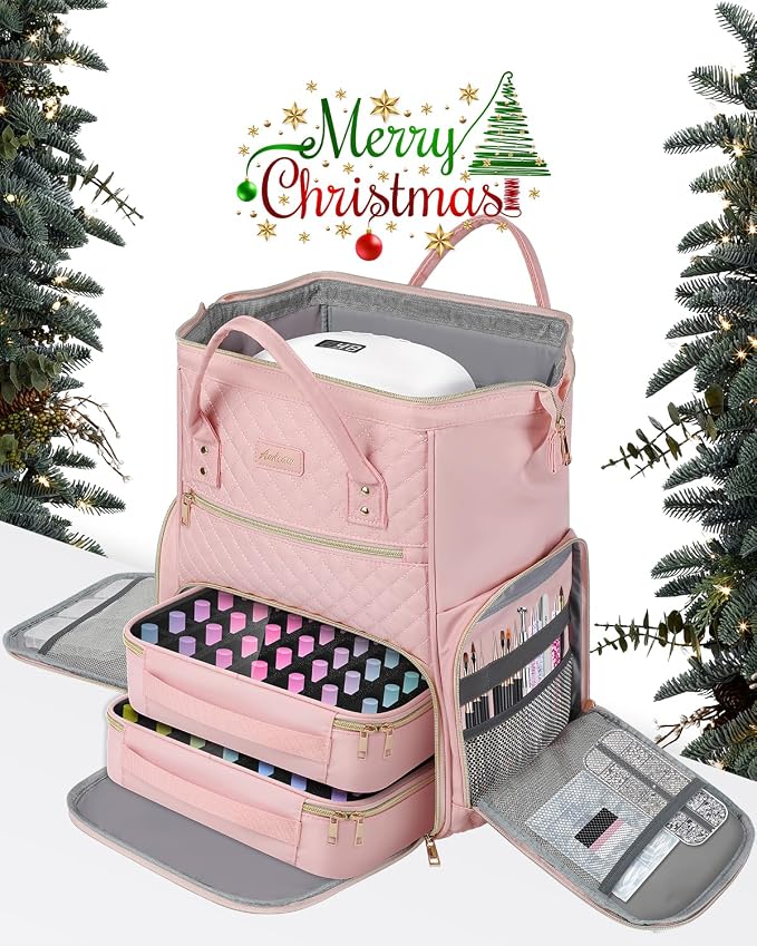 Large Nail Polish Organizer Bag Backpack Holds 70+ Bottles(15ml/0.5 fl.oz) UV Nail Lamp,Nail Organizers and Storage with 2 Removable Pouches Fits Nail Tool,Gift for Manicurist，Pink - Image 2