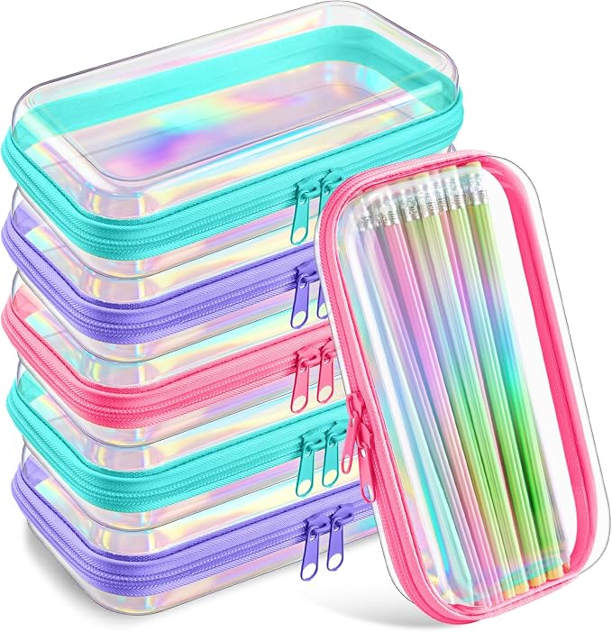 Sanwuta 6 Pcs Clear Hard Zipper Case Plastic Zipper Pouches Transparent Makeup Bag Pencil Case Pouches Toiletry Diaper Bag for Travel Toy Storage Organizer Bins(Holographic,7.48 x 3.94 x 2 Inch) by Sanwuta