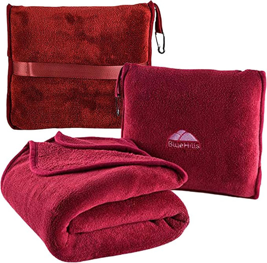BlueHills Premium Soft Travel Blanket Pillow Airplane 2 in 1 Combo Warm Red | 2 in 1 Airplane Blanket Pillow in Soft Bag Pillowcase, Hand Luggage Belt & Backpack Clip, Travel Essentials for Long Flights by BlueHills