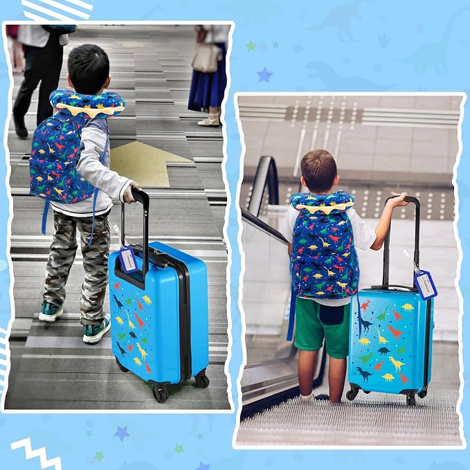 Redbaker 6 Pcs Kids Luggage Set, 17 Inch Rolling Suitcase with Backpack Lunch Bag Neck Pillow, Blue Dinosaur Travel Set for Summer Vacation Sleepover Back to School Gift - Image 7