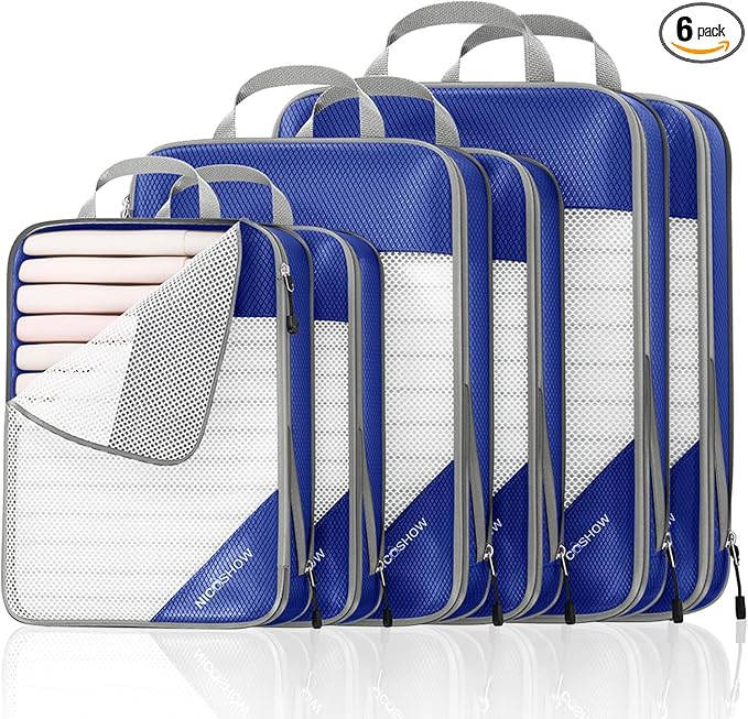 NICOSHOW Compression Packing Cubes 6 Set, Compressible Space-Saving Packing Cubes for Travel - Compression Bags, Luggage Organizer, Travel Essentials for Women, Royal Blue by NICOSHOW
