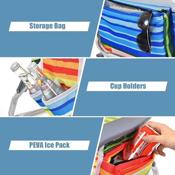 Giantex Folding Beach Chair, Patio Sling Chairs with 5 Adjustable Position, Head Pillow, Storage Bag, Towel Bar, Cup Holders, Backpack Chairs for Sunbathing, Camping Chair - Image 8