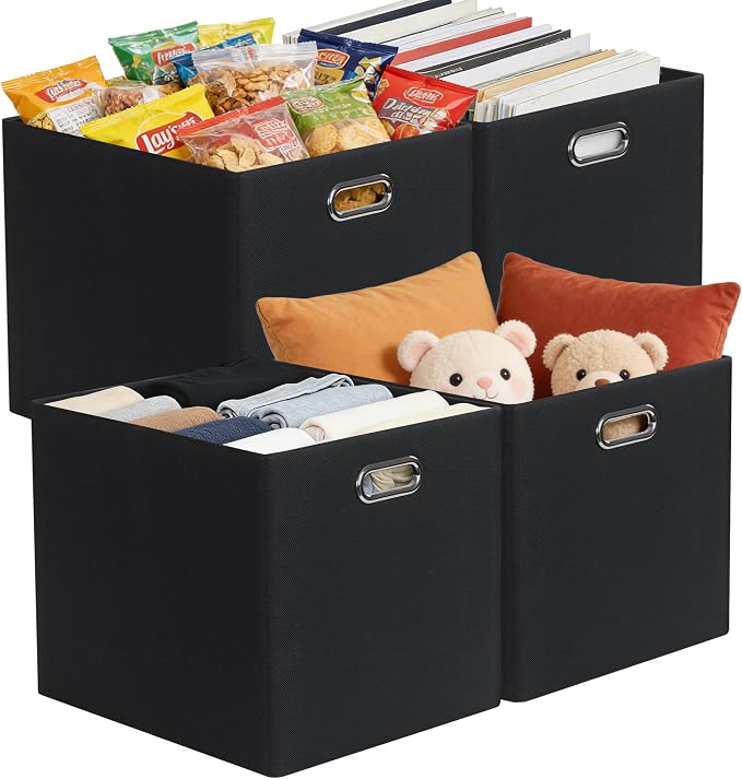 Posprica 3X Thicker Collapsible Storage Bins,13×15x13 Foldable Storage Cube Boxes Fabric Drawer for Closet Shelf Cabinet Bookcase, set of 4 (Pure Black) - Image 4