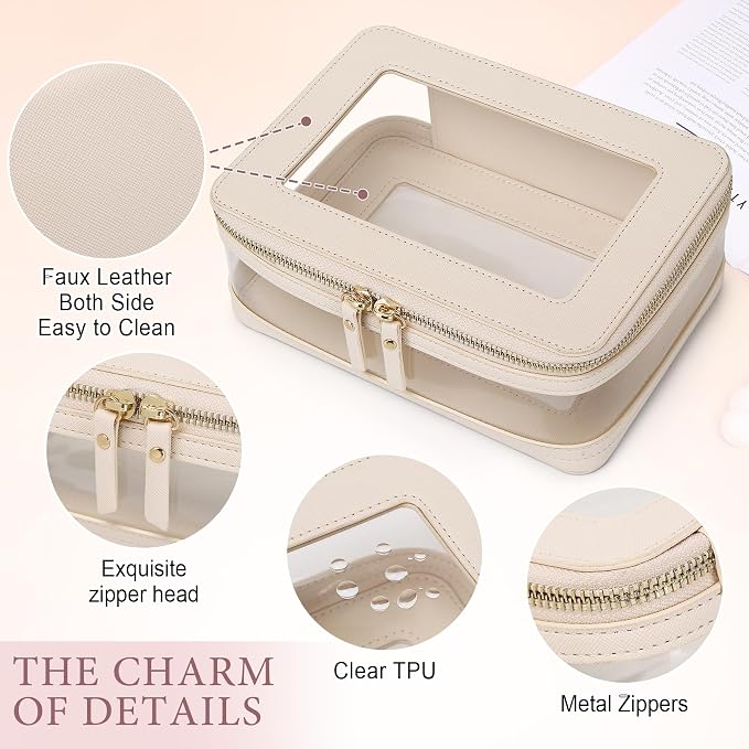 Pinkmik Clear Makeup Bag with Brush Case Travel Toiletry Bag Waterproof Cosmetic Organizer Car Essentials for Women (Beige, M+SLIM-1) - Image 5