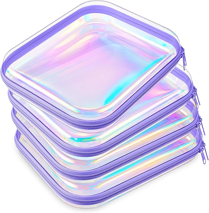 Hoolerry 4 Pcs Hard Clear Zipper Case Makeup Bags Plastic Zipper Pouch Transparent Storage Box Containers for Cosmetics, Snacks, Building Blocks, Puzzles(Clear,9.8 x 7.9 x 2 in,Purple Laser) by Hoolerry