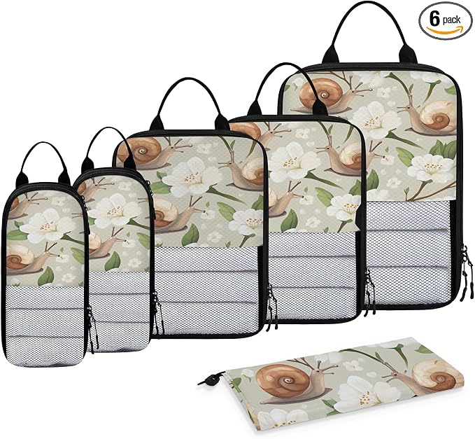 Floral Snail 6 Set Compression Packing Cubes for Travel Luggage Carry On Suitcase Compressible Expandable Packing Cubes Organizers Bag by BICUUZHI