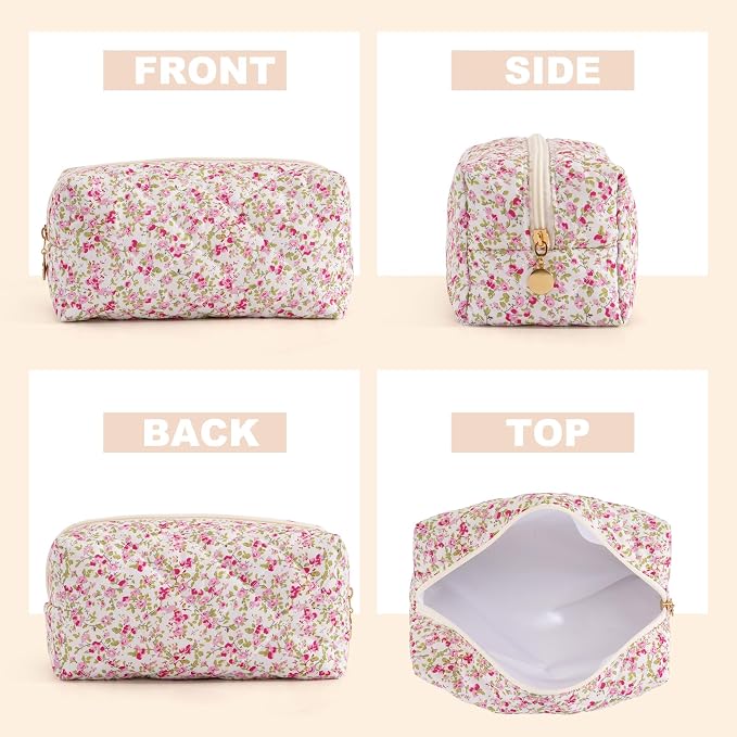 Makeup Bag Travel Toiletry Bag for Women, Small Floral Cosmetic Bags Cute Quilted Cotton Makeup Pouch for Purse Emergency Bag Pencil Case Accessory Bag, Spring - Image 3