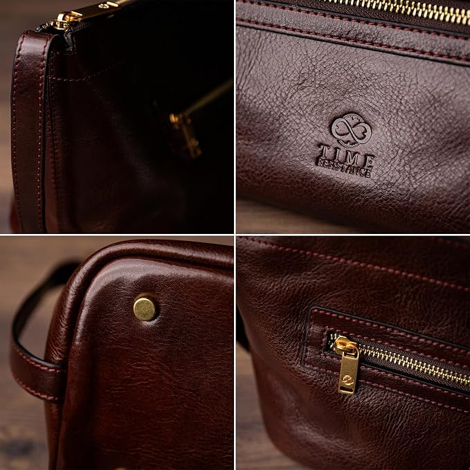 Time Resistance Leather Toiletry Bag - Dopp Kit, Full-grain Leather Cosmetic Case, Wash Bag (Brown) - Image 5