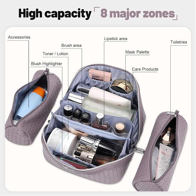 BOYATU Travel Makeup Bag Cosmetic Bags for Women: Large Capacity 3 Pcs Set Make up Bag with Compartments - Waterproof Vegan Leather Toiletry Organizer Bags with Handle (L55Light Purple) - Image 4