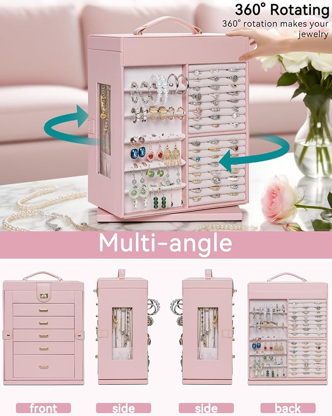 AKOZLIN 6-Tier Jewelry Box Organizer Functional 5 Drawers Leather Jewelry Storage Case for Women Girls Ring Necklace Earring Bracelet Holder Organizer with Mirror XL Pink 360° Rotating - Image 4
