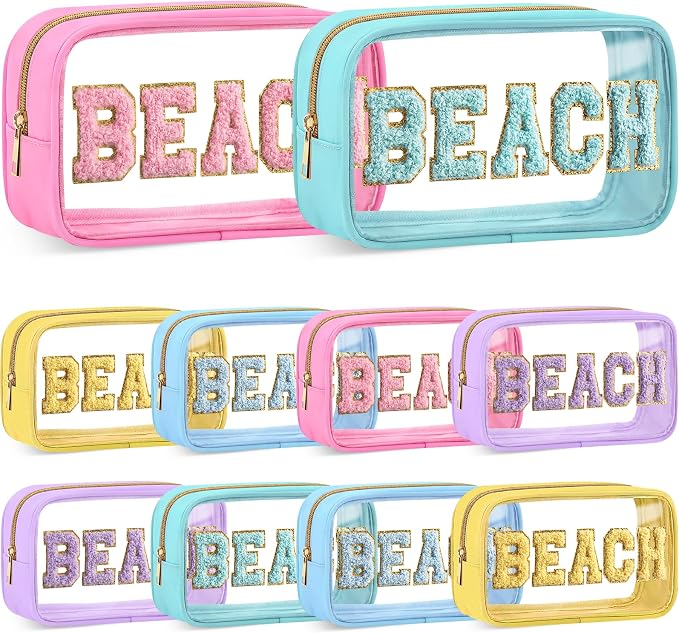 Kacctyen 10 Pcs Beach Clear Makeup Bags with Zipper in 5 Assorted Colors, Chenille Letter Sunscreen Bags Bulk, Waterproof Clear Toiletry Bag for Women Beach Pool Trip & Summer Birthday Party Favors by Kacctyen