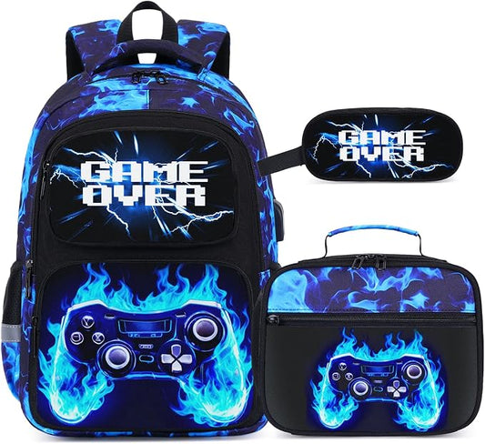 Bevalsa Backpack for Boys, School Bags for Kids, Bookbag for Boys Children Teens Backpacks for Elementary Middle High School Student, Bookbag and Lunch Bag Set with USB Charging Port (Blue Flame) by Bevalsa