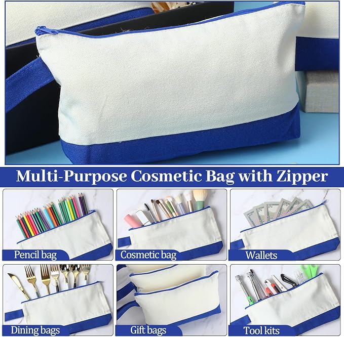 Silkfly 15 Pcs Cotton Canvas Makeup Bags Cosmetic Zipper Bags 10.2 x 5.5 x 2'' Blank DIY Pouch Bulk Pencil Case with Bottom Travel Toiletry Pouch for Women Craft Decor Gift (Beige and Blue) - Image 4
