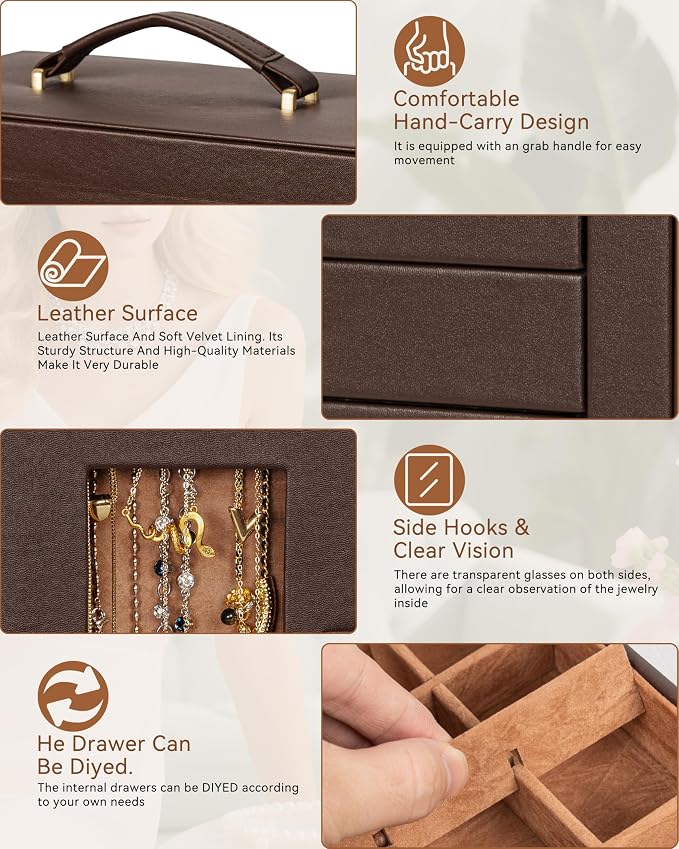 AKOZLIN 6-Tier Jewelry Box Organizer Functional 5 Drawers Leather Jewelry Storage Case for Women Girls Ring Necklace Earring Bracelet Holder Organizer with Mirror Brown 360° Rotating - Image 7
