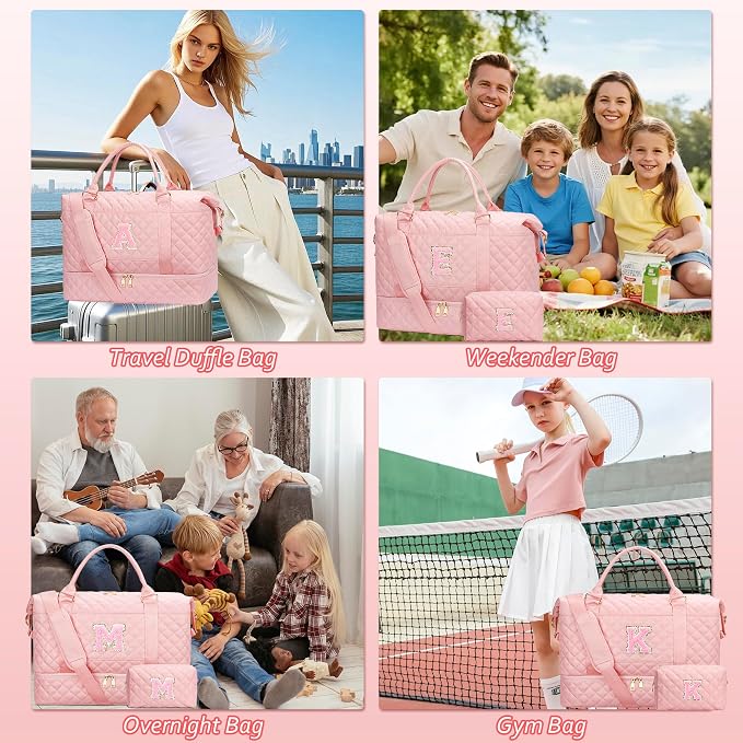 Gifts for Women Girls Initial Travel Duffle Bag Quilted Weekender Carry-On Overnight with Cosmetic Bag, Gym Bag with Shoe Compartment, Pink K - Image 9