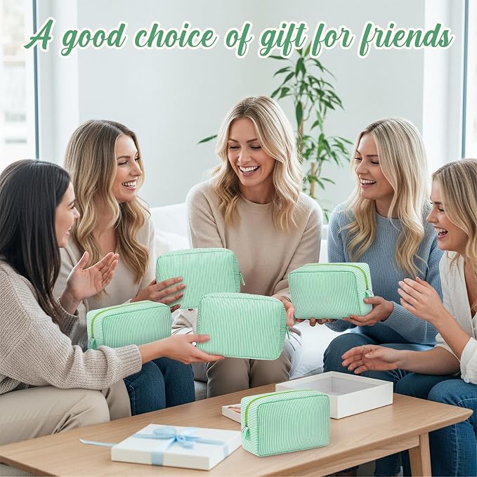 Sanwuta 6 Seersucker Cosmetic Bag Bulk Striped Makeup Bag for Women Aesthetic Cute Travel Toiletry Organizer Preppy Storage Pouch for Wedding Bridesmaid Mother's Day Teacher Gift (Large,Green) - Image 7