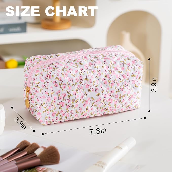 Makeup Bag Travel Toiletry Bag for Women, Small Cosmetic Bags Cute Quilted Cotton Makeup Pouch for Purse Emergency Bag Floral Pencil Case Accessory Bag, Pink - Image 4