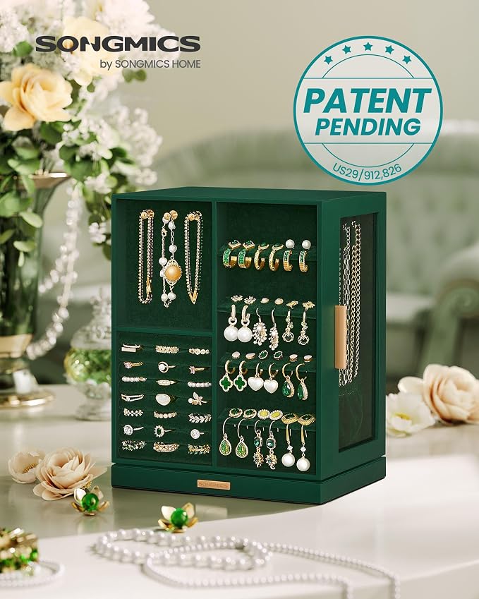 SONGMICS GISELLA Collection - Jewelry Box Organizer 360° Rotating, Vertical Jewelry Storage Case with 5 Drawers, Glass Window, Spacious, Open Design, Great Gift, Forest Green UJBC170C01 - Image 2