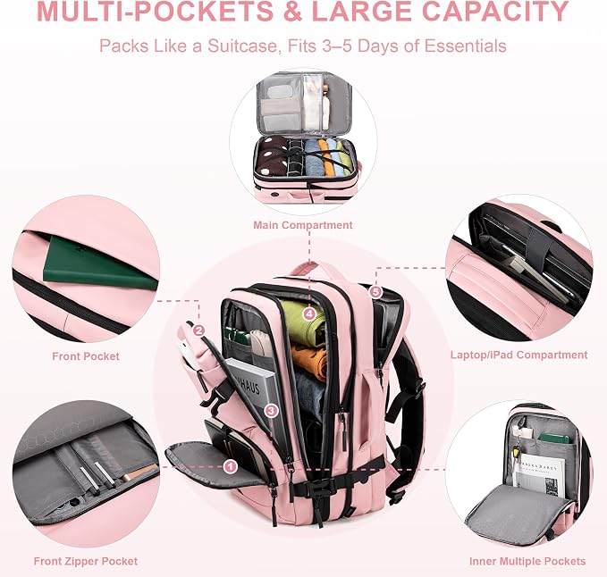 BAGOK Carry On Travel Backpack, Expandable Extra Large Airline Approved,Lightweight Daypack for Men and Women（Pink） - Image 4