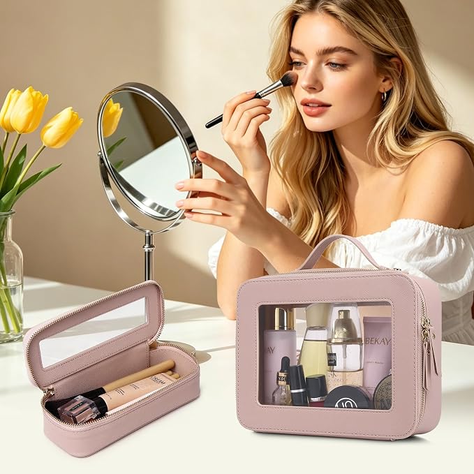 Travel Makeup Bag, Pink, L+Slim | With Brush Case, Transparent, Waterproof, Zipper Closure - Image 2