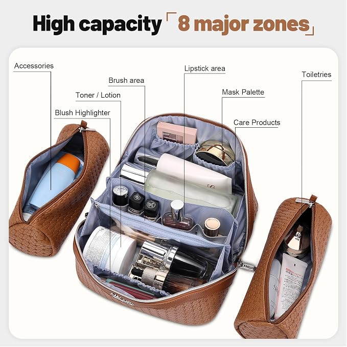 BOYATU Travel Makeup Bag Cosmetic Bags for Women: Large Capacity 3 Pcs Set Make up Bag with Compartments - Waterproof Vegan Leather Toiletry Organizer Bags with Handle (L53Brown) - Image 4