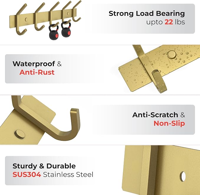 Brushed Gold Wall Mounted Coat Rack – 15 Inch Stainless Steel Rail with 5 Double Coat Hooks for Entryway, Bathroom, Bedroom, Kitchen – Modern Gold Hook Rack for Coats, Hats, Towels - Image 3