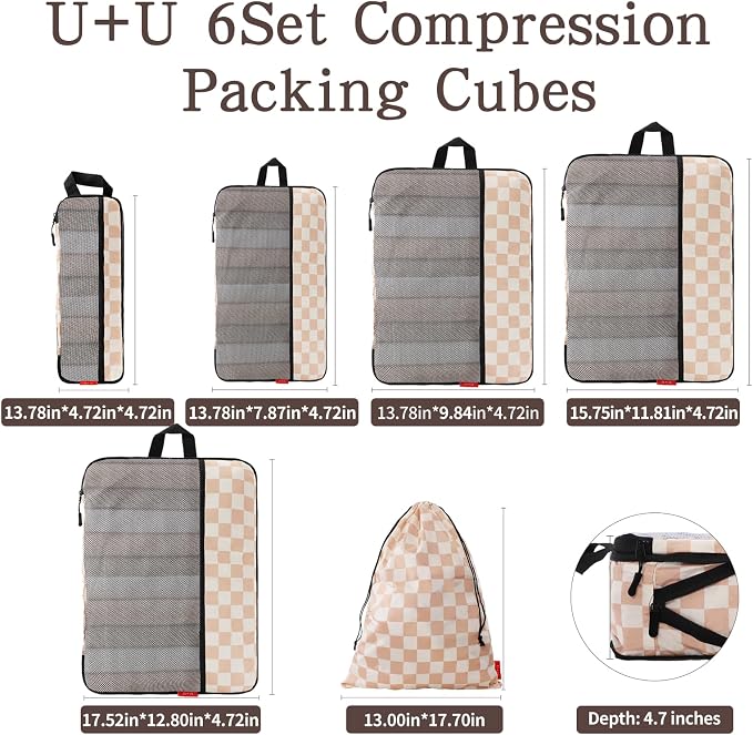 U+U 6 Set Compression Packing Cubes - Ultralight Travel Organizers with Laundry Bag, Space-Saving Suitcase Organizer for Travel, Business Trip and Family Vacation (Khaki Checkered) - Image 5
