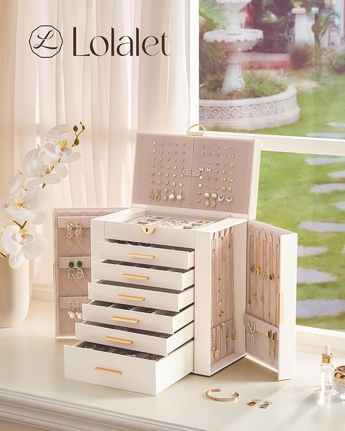 Lolalet Large Jewelry Box Organizer for Women, 7-Layer Jewelry Organizers and Storage Case with Mirror & 6 Drawers, Lockable Watch Ring Earring Bracelet Necklace Holder Girls Gift -7Layer, Beige - Image 5
