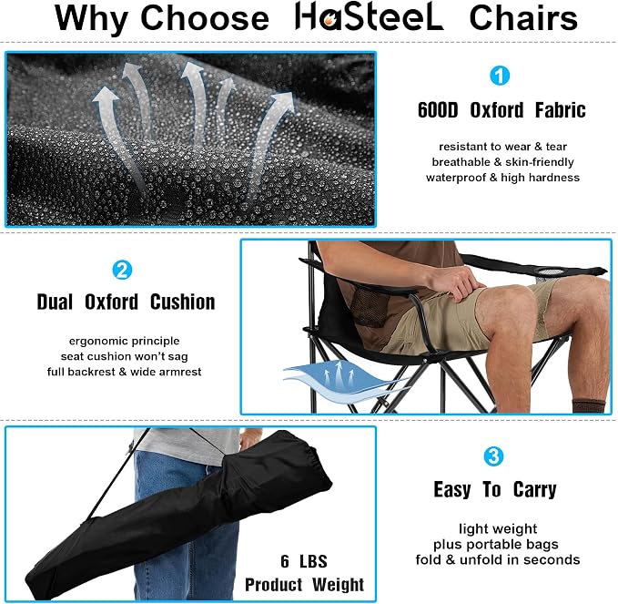Foldable Camping Chair Set of 2, HaSteeL Folding Camp Chairs & Carrying Bags for Adults, Portable for Lawn, Outdoors, Fishing, Hiking, Travel, Picnic, Beach, Oversized & Supports 275lbs (Black & Blue) - Image 4