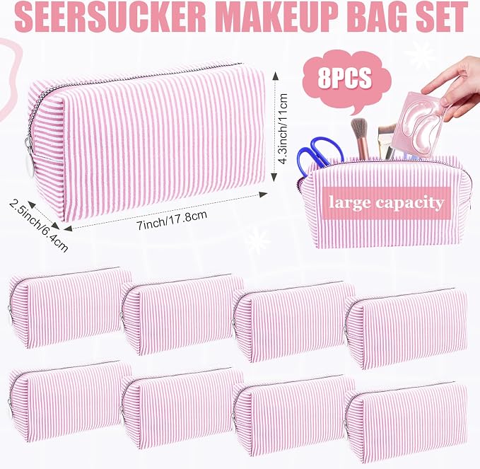 Giesiery 8 Pcs Seersucker Makeup Bags Striped Cosmetic Bags Bulk Organizer for Women Preppy Travel Toiletry Pouch for Wedding Bridesmaid Gifts (Light Pink, Medium) - Image 2