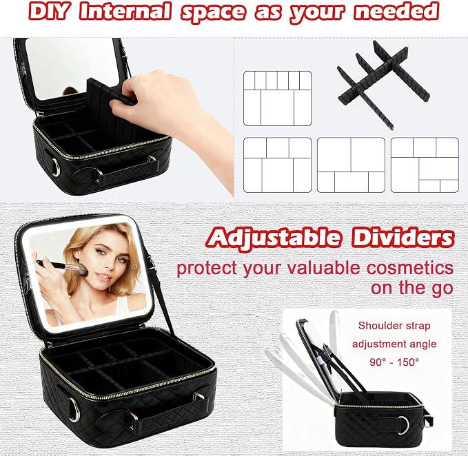 Travel Makeup Bag with Light Up Mirror, Portable Makeup Bag with Led Light Women Waterproof Makeup Travel Case adjustable dividers Rechargeable Vanity Mirror with 3 Color Lights - Image 3