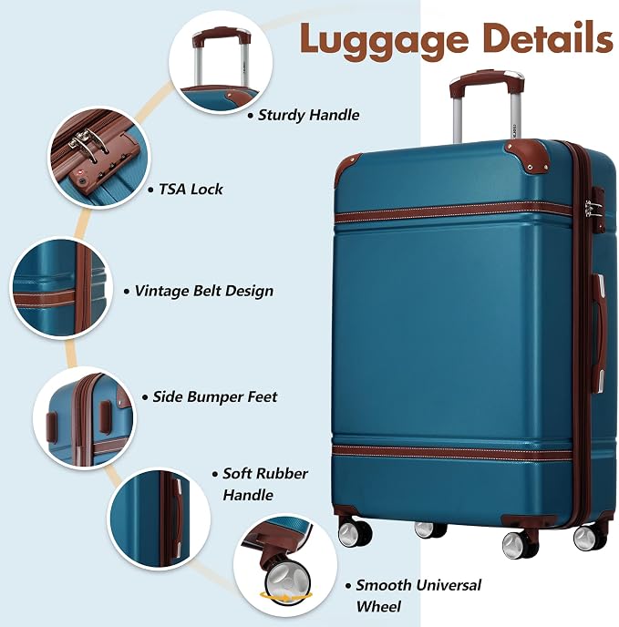 Merax 28 Inch Checked Luggage, Expandable Suitcase with Spinner Wheels, Hard Shell Vintage Luggage Set with TSA Lock(Blue) - Image 3