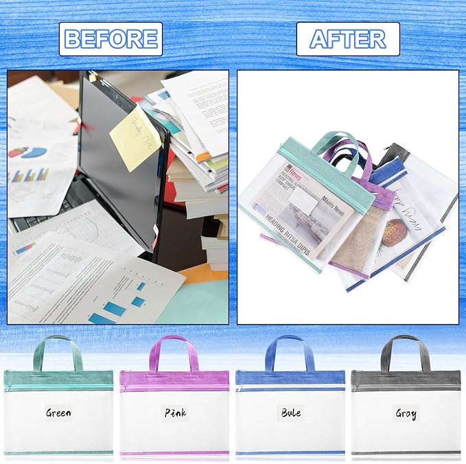 Zhehao 12 Pcs Student Book Pouches with Handle Document Bag Sew Project Bag for Quilting Mesh Zipper Pouch File Artwork Storage Organize for A4 Files, 14 x 11 Inch - Image 6