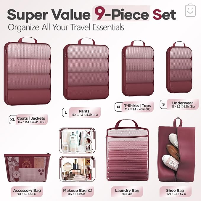 Veken 9/11 Set Compression Packing Cubes for Travel Essentials,Compressible Expandable Luggage Suitcase Organizer Bags with Garment Bag,Space Saver Bags with Over 1000 pcs of Mesh Holes(Wine Red) - Image 2
