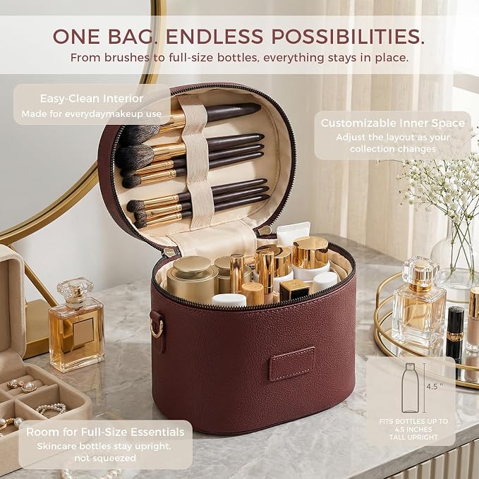 BAGOK Leather Vanity Case Makeup Bag with Removable Divider, Washable Compartments, Dual Zipper & Carry Handle – Travel Toiletry Organizer for Women - Image 3
