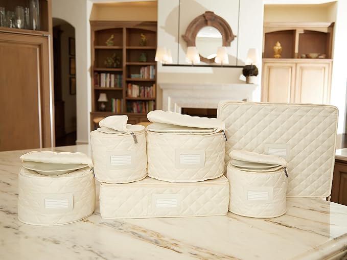 Covermates Keepsakes Dish Storage Set – Padded China & Dinnerware Storage Cases with Dividers, Cup & Stemware Storage, Quilted Polyester Protection, ID Window, Cream - Image 4