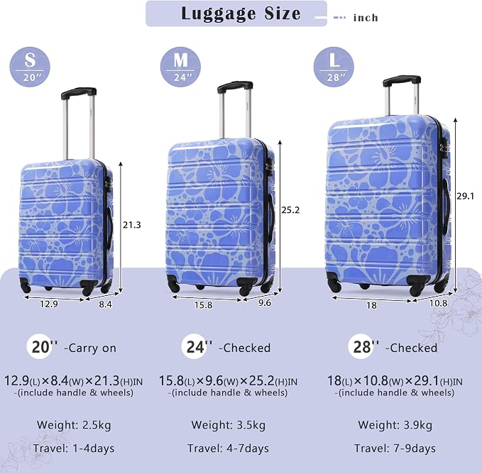 Merax Suitcase Set, Hardshell Luggage Sets 3 Piece with Spinner Wheels | Durable Printing Suitcase with TSA Lock Lightweight 20" 24" 28",Blue - Image 8